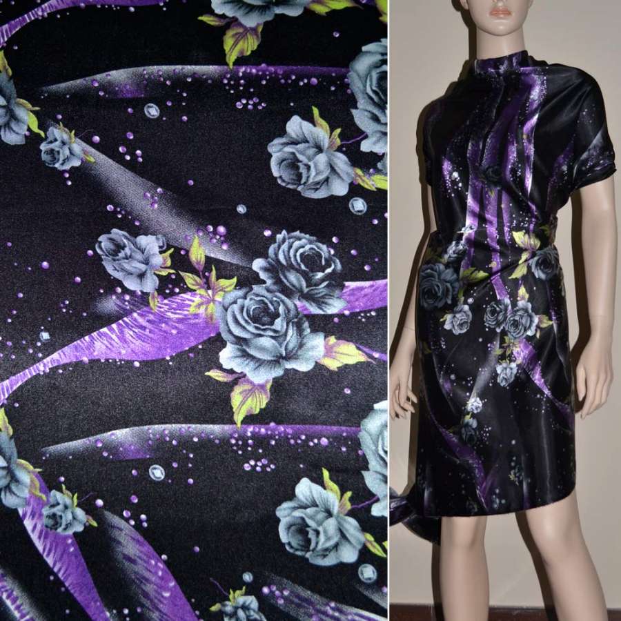 Атлас стрейч шамус черный в серые розы, фиолетовые капли ш.120
