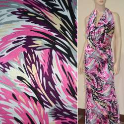 Атлас стрейч светло-серый в розово-сиреневые перья ш.120