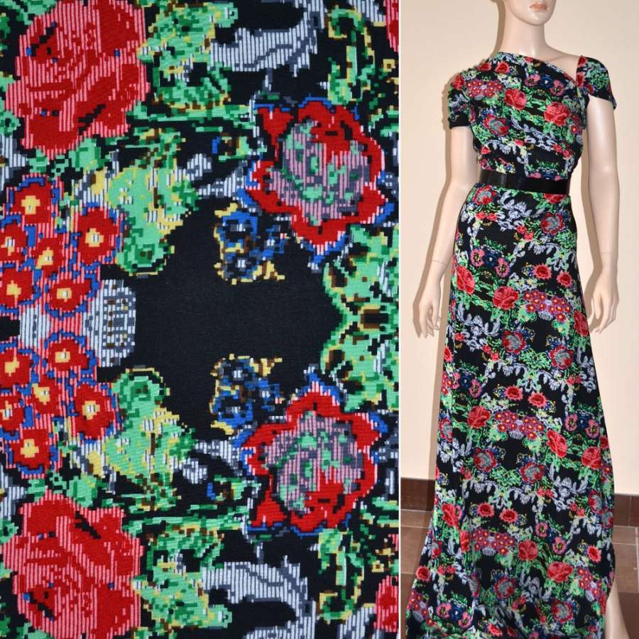 Батист Діллон чорний з червоно-сірими графічними квітами ш.140