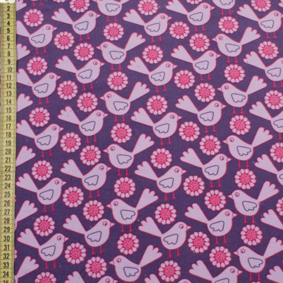 Микровельвет фиолетовый в розово-сиреневые птички, цветы, ш.145