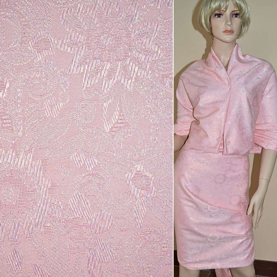 Жаккард костюмний блідо-рожевий з органзой і тисненим малюнком ш.150