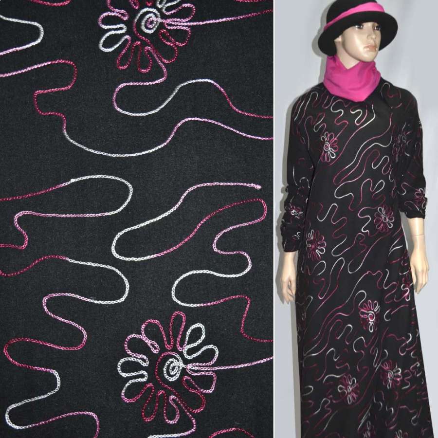 Шерсть костюмна чорна з рожевою вишивкою ш.150