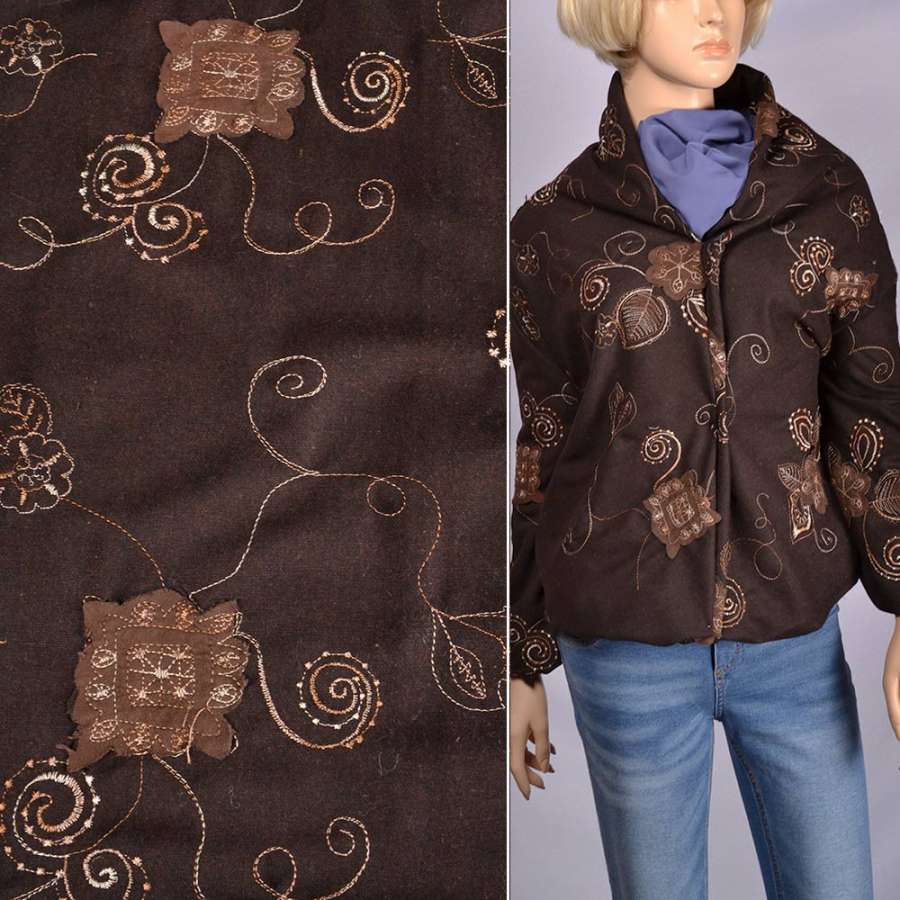 Тканина костюмна коричнева з бежевою вишивкою і замшевими аплікаціями, ш.150