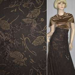 Ткань костюмная коричневая с вышивкой и штампом золотой лист, ш.150