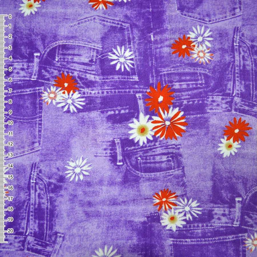 Котон стрейч фіолетовий з ромашками і джинсовими кишенями, ш.150