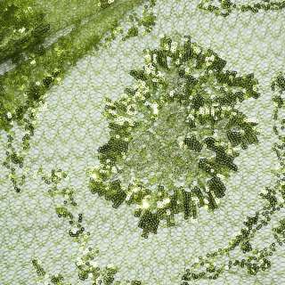 Паутинка зеленая с пайетками и букетом бежевых цветов ш.130