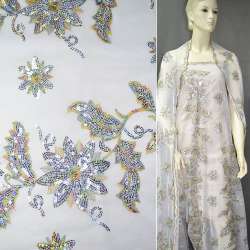 Сітка біла з квітками з срібних паєток і кольоровою вишивкою, ш.130