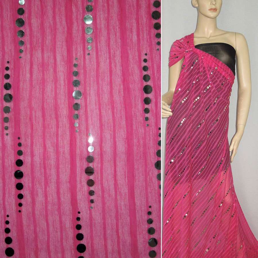 Трикотаж тонкий рожевий з срібними круглими паєтками ш.150