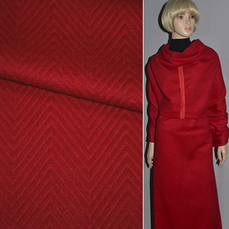 Пальтовая ткань с ворсом стриженым елочка крупная красная, ш.150