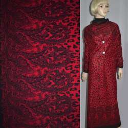 Пальтова тканина на трикотажній основі 2-х-стор. купон леопард, пейсли чорний на червоному тлі, ш.150