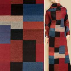 Пальтова тканина з ворсом візерунок геометричний синій, червоний, чорний, помаранчевий, ш.155