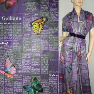 Ткань плащевая тонкая фиолетовая "газета" с бабочками ш.150