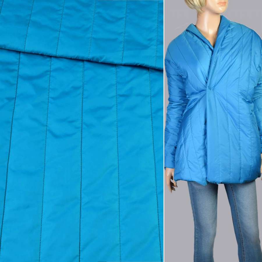 Ткань плащевая стеганая матовая полоска 5 см голубая, ш.150