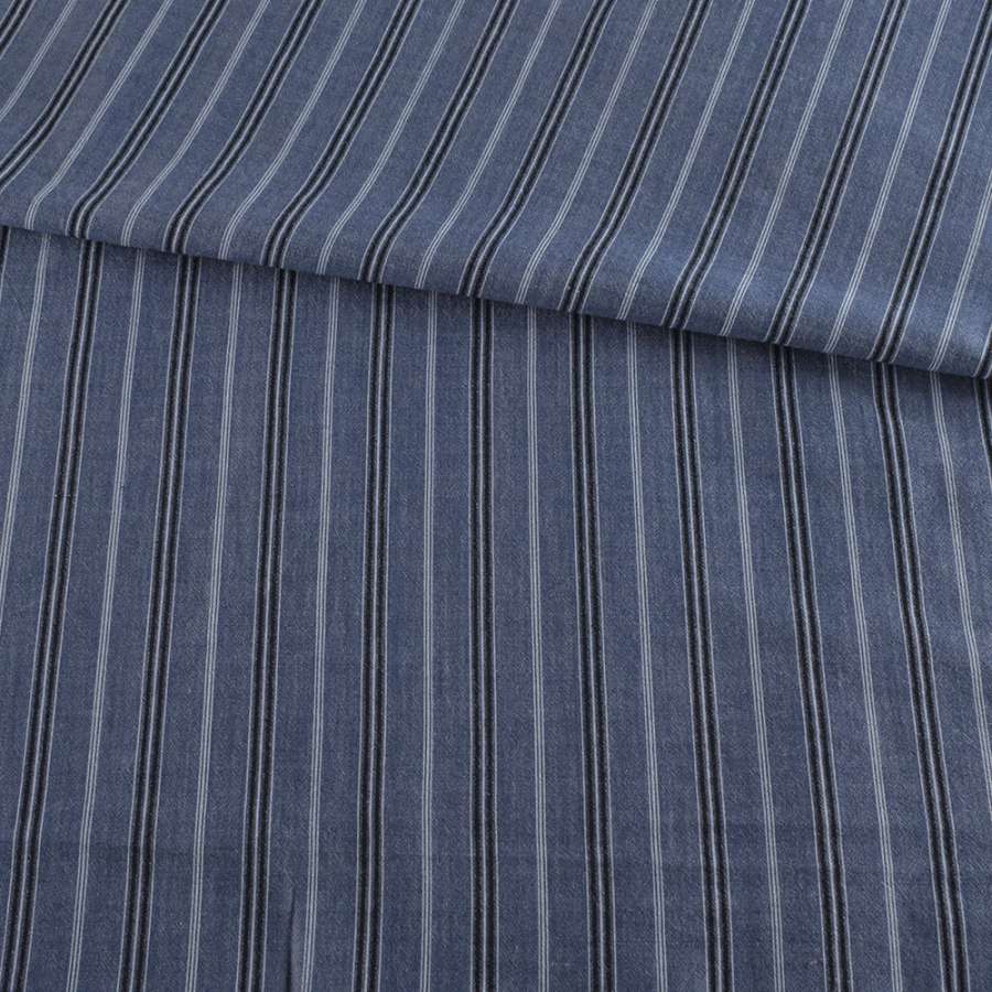 Сорочкова тканина в смужку чорно-блакитну, синя, ш.145