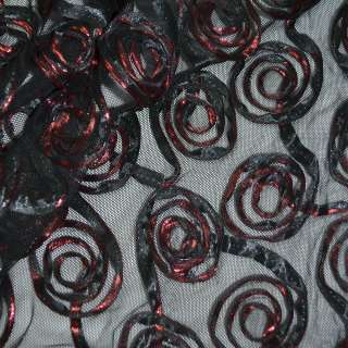 Сетка стрейч черная с красными цветами, ш.140