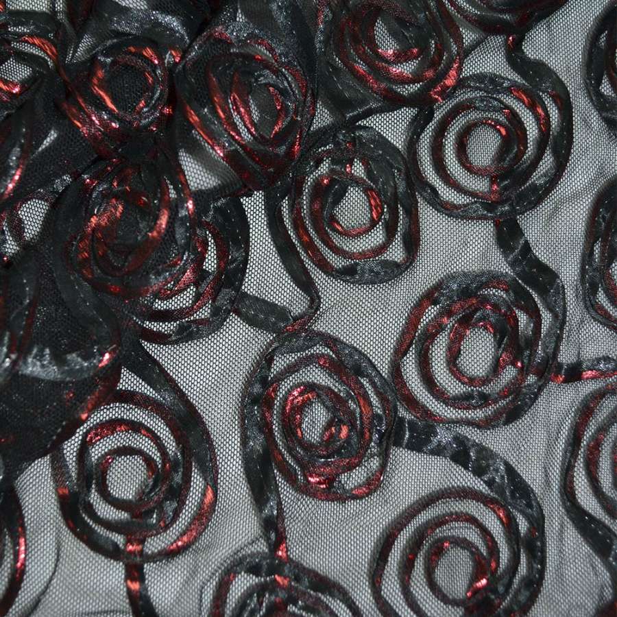 Сітка стрейч чорна з червоними квітами, ш.140