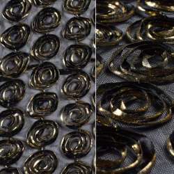 Сетка стрейч черная с золотыми цветами, ш.140