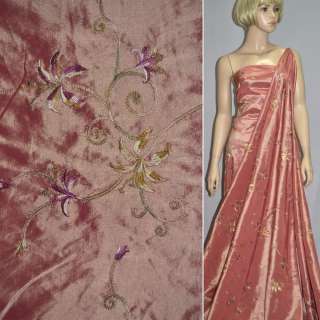 Тафта с вышивкой лилии персиковая ш.150