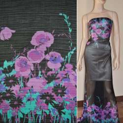 Шифон жатий чорний, 2-ст. купон бирюзово-бузкові квіти ш.150