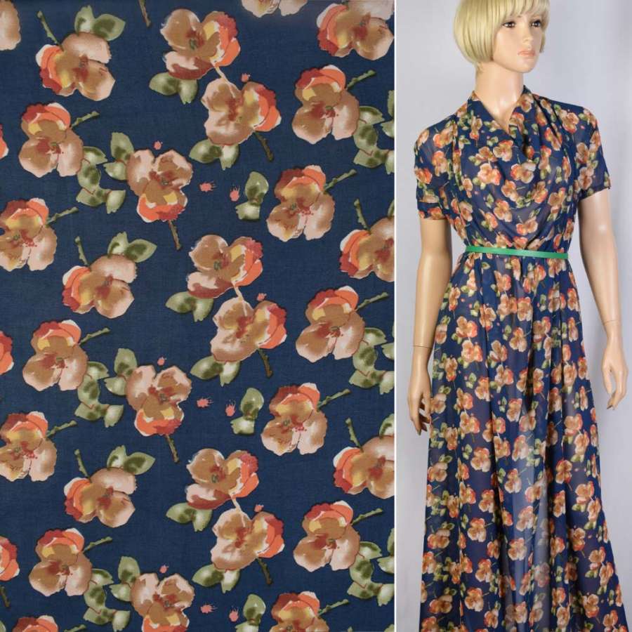 Креп-шифон синий в оранжево-бежевые цветы ш.148