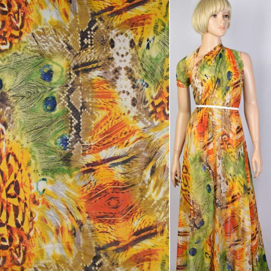 Креп-шифон помаранчевий в павині пір'я (купон) ш.150