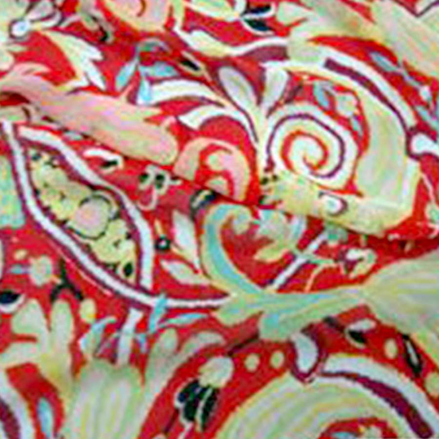 Шифон жатий червоний з бежево-блакитний абстракцією рис і блискітками ш.140