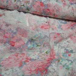 Шифон білий з рожево-блакитними квітами блискучий ш.140