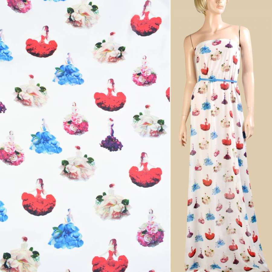 Креп-шифон белый, девушки в цветочных платьях, ш.150