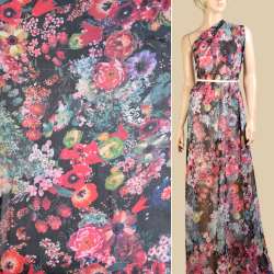 Шифон чорний в рожеві, помаранчеві, сині квіти, ш.145