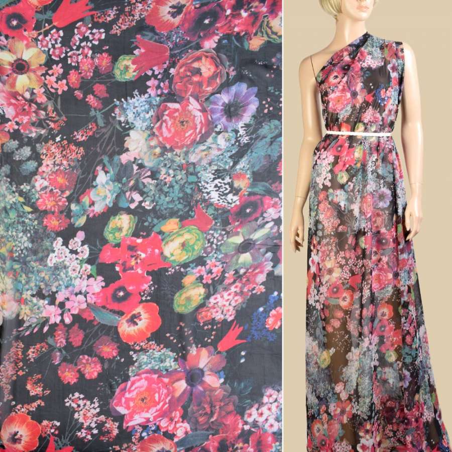 Шифон чорний в рожеві, помаранчеві, сині квіти, ш.145