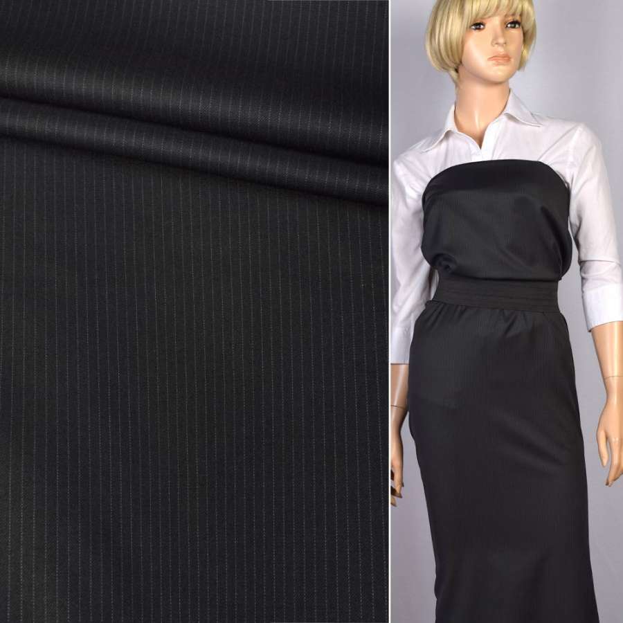 Шерсть костюмная с шелком в полоску тонкую серую (4мм) черная, ш.154