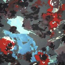 Коттон стрейч серый с красно-голубыми цветами ш.140