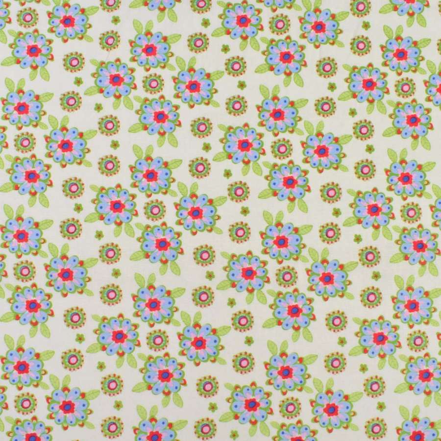 Коттон кремовый в розово-голубые цветы, зеленые листья, ш.136