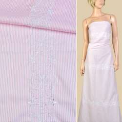 Котон білий в рожеву смужку, біла квіткова вишивка (3 смуги уздовж тканини) ш.150