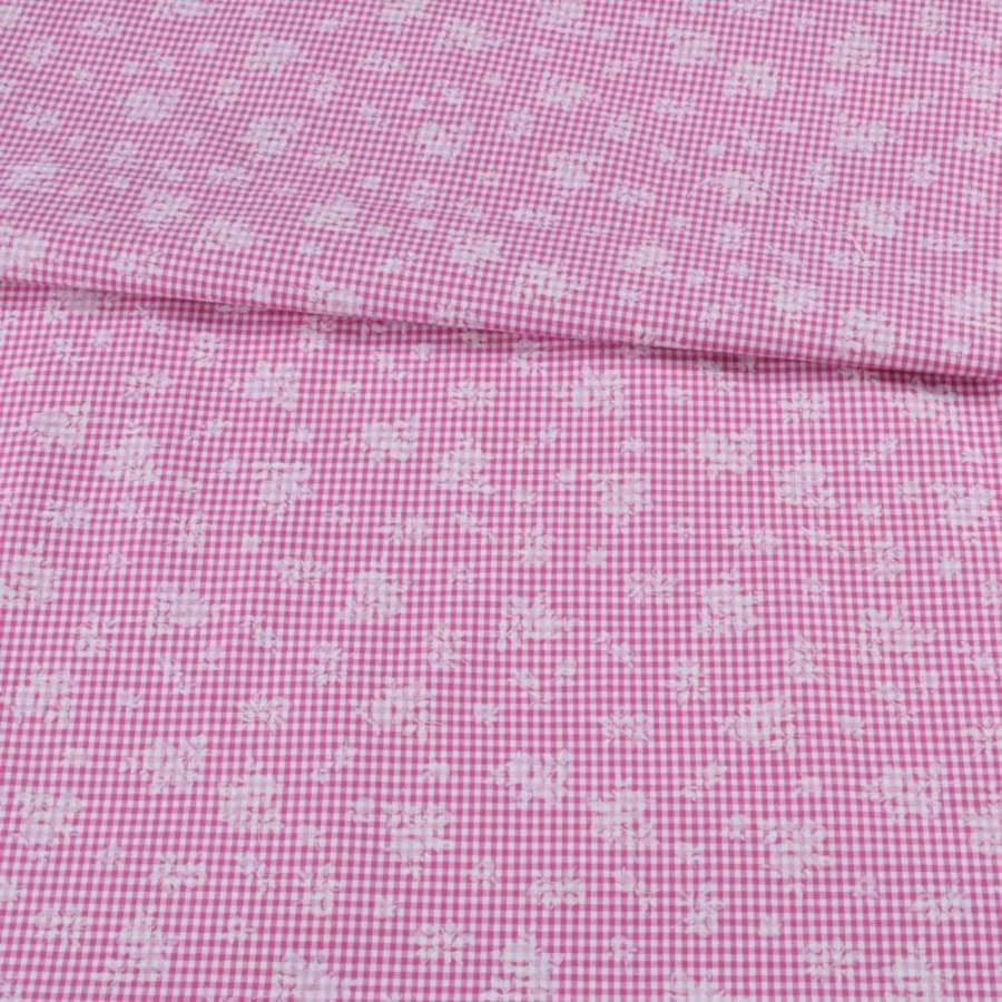 Коттон двухсторонний в бело-розовую мелкую клетку и белый цветок ш.150