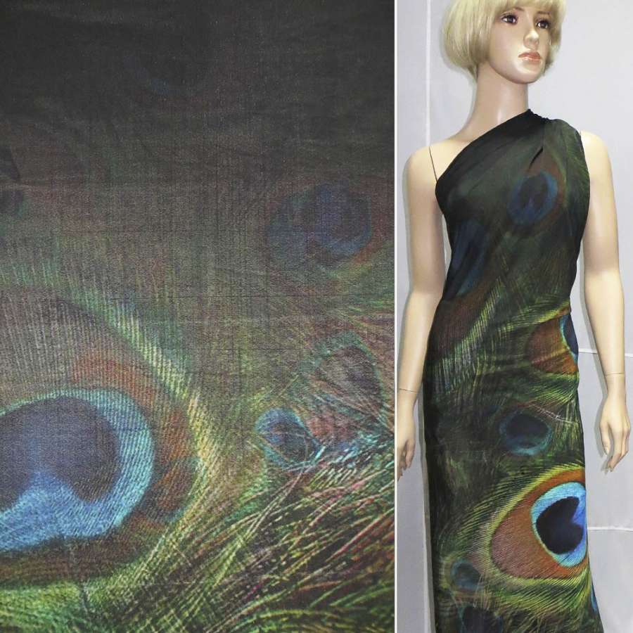 Трикотаж віскозний мокрий стрейч чорний з пір'ям павича ш.143