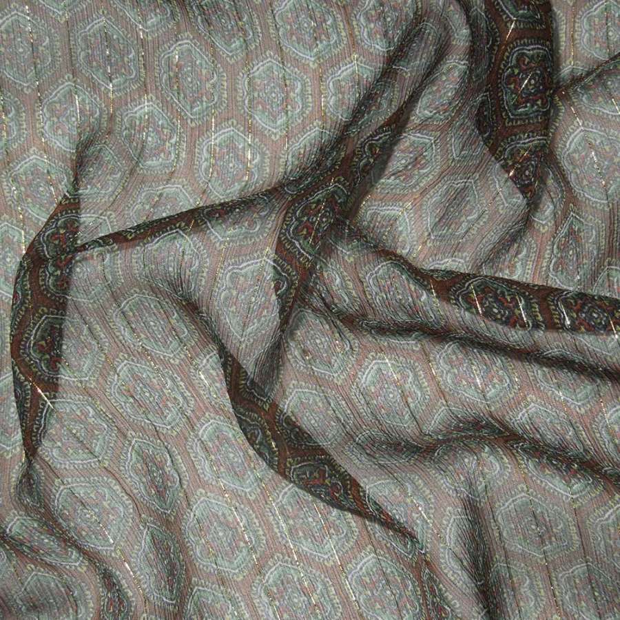Шовк коричневий в темно-зелений малюнок з люрексом