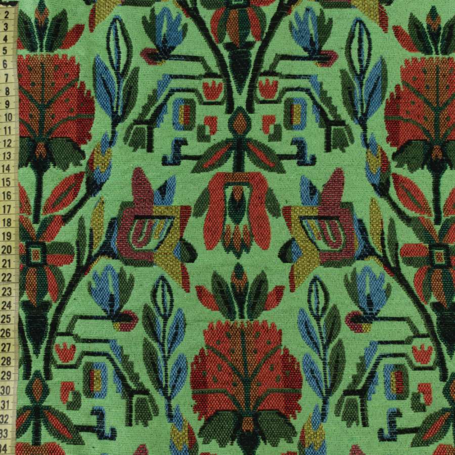 Гобелен зелений з червоно-синіми квітами, ш.150