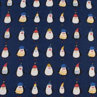 Деко коттон пингвины в шапочках, синий, ш.150