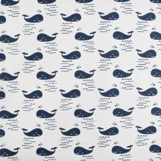 Деко лен киты синие, молочный, ш.150