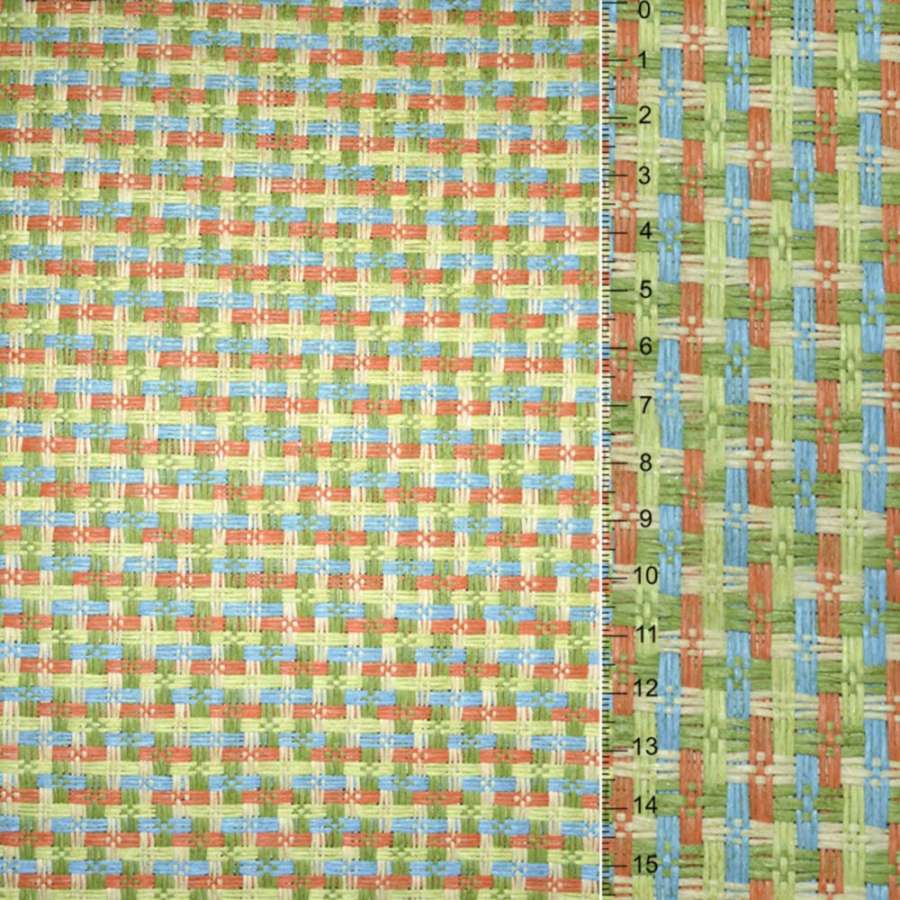 Рогожка з целюлози на флізеліні з кольоровим переплетенням: зелено оранжево-блакитна, ш.150