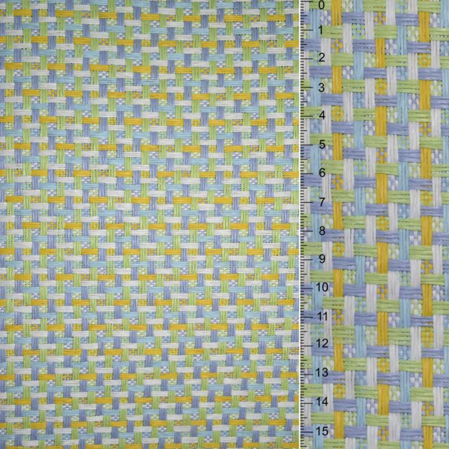 Рогожка з целюлози на флізеліні з кольоровим переплетенням: салатово-жовто-біло-сіра, ш.150