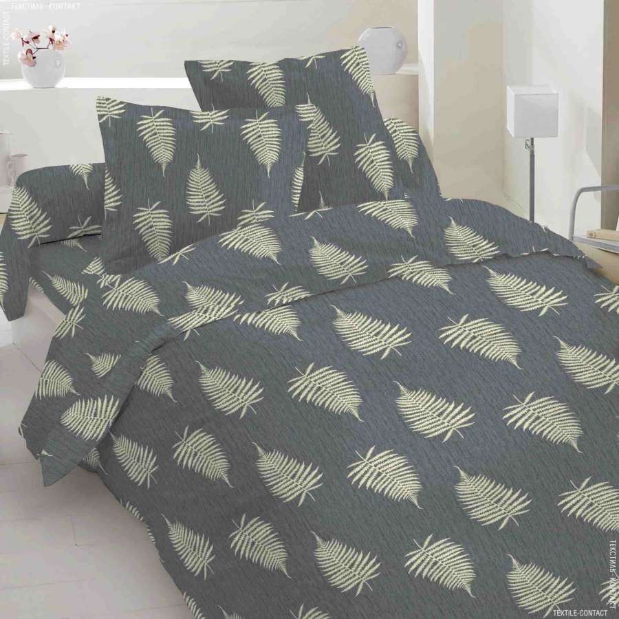 Бязь набивная серая, листья папоротника, ш.220