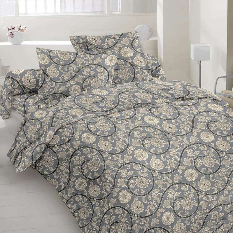 Бязь набивная серая, бежевые завитки, цветы, ш.220