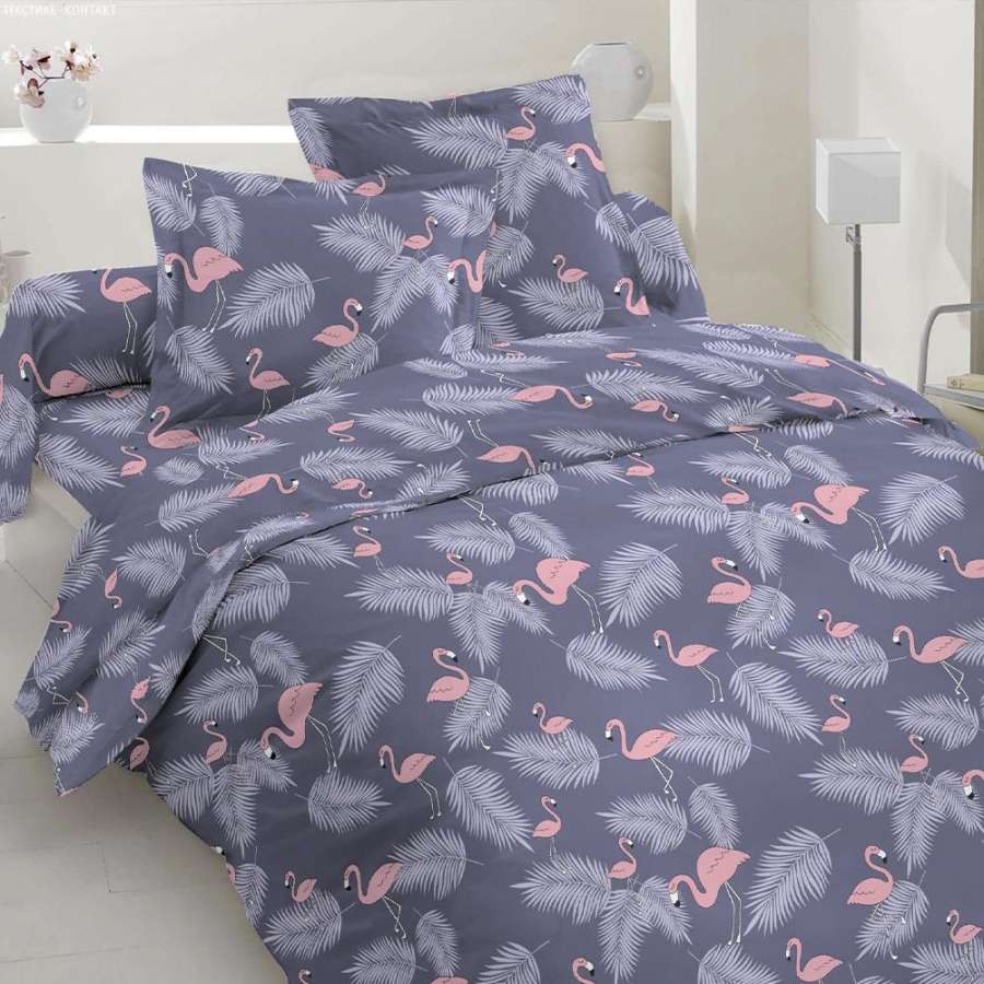 Бязь набивная фиолетовая, розовые фламинго, серые перья, ш.220