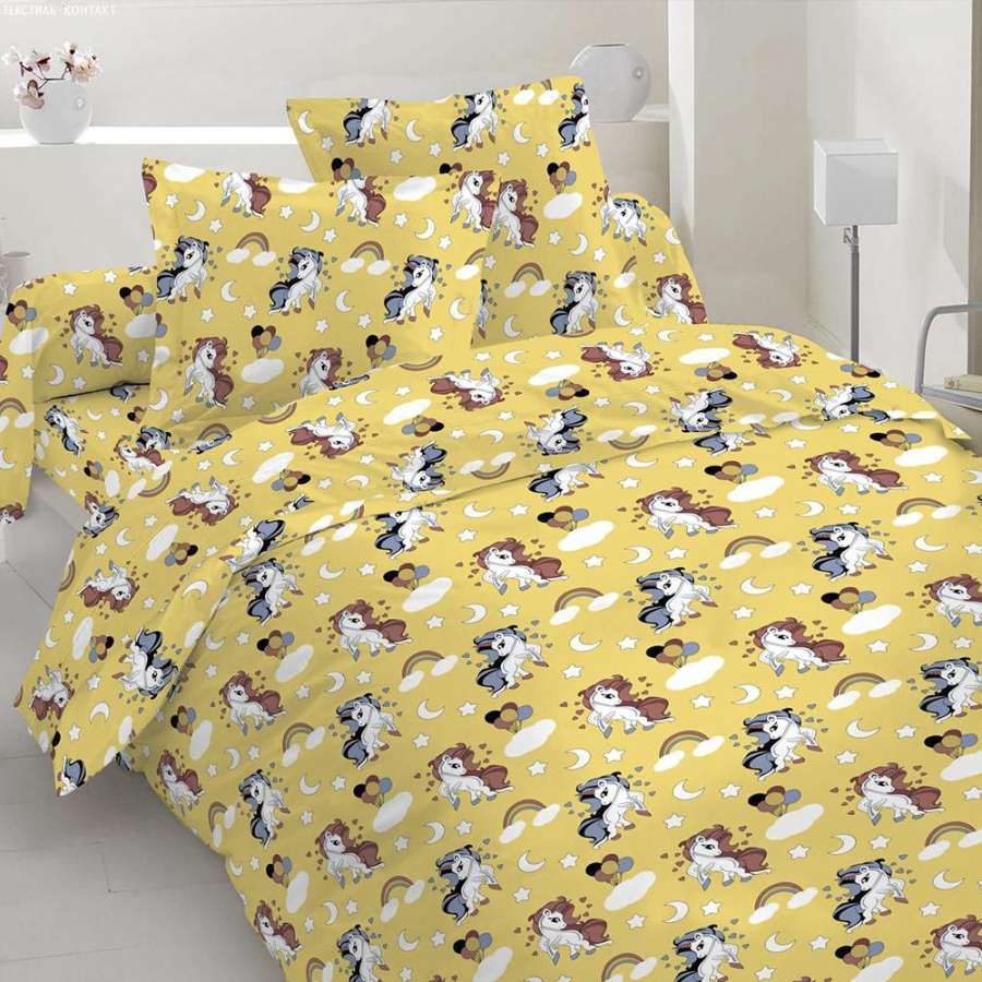 Бязь набивная желтая, белые единорожки, ш.220