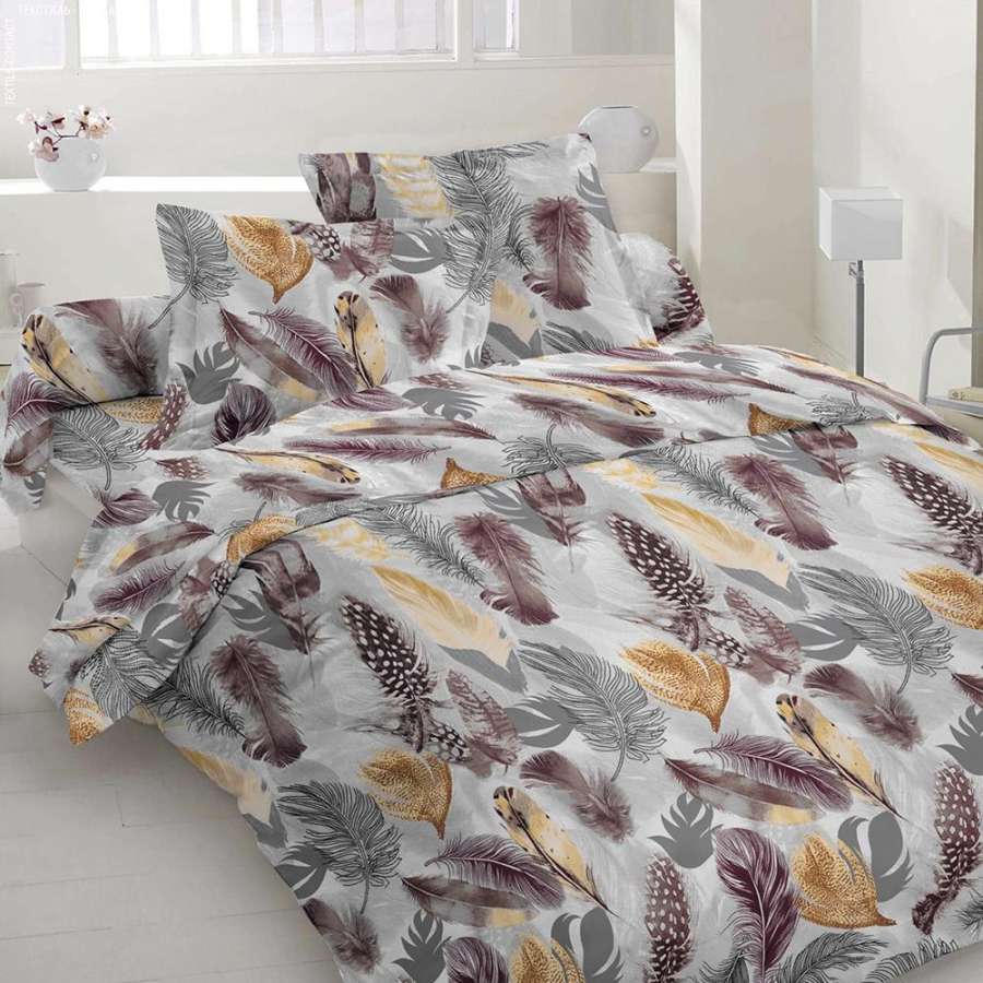 Бязь набивная серая, разноцветные перья, ш.220