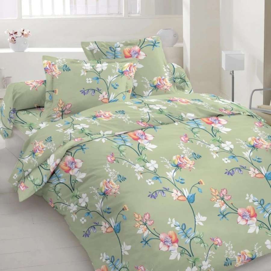 Бязь набивная серо-зеленая, оранжево-розовые цветы, ш.220