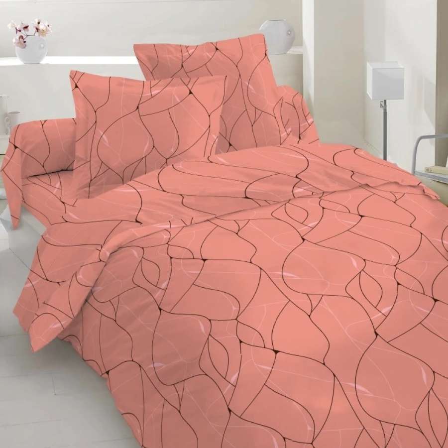 Бязь набивная коралловая, черно-белый абстрактный рисунок, ш.220