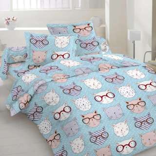 Бязь набивная голубая, коты в очках, ш.220